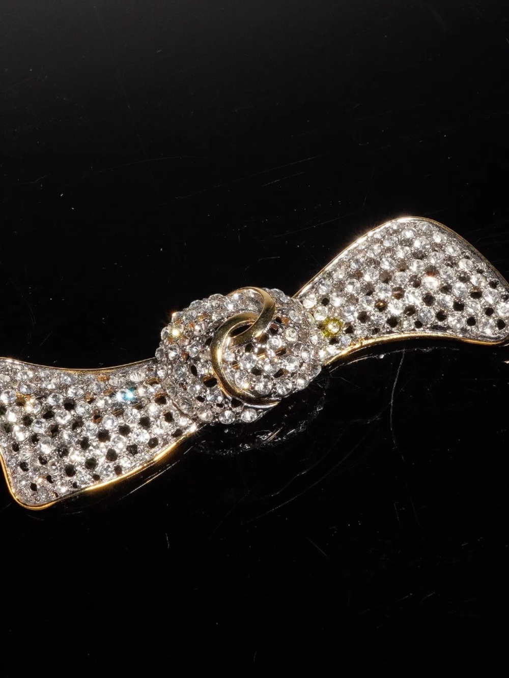 Vintage Large Valentino Night Rhinestone Bow Brooch 4'